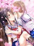  2girls black_hair blue_eyes blush brown_hair cherry_blossoms face-to-face gleision_adain hand_on_another&#039;s_shoulder high_school_fleet looking_at_another misaki_akeno multiple_girls munetani_mashiro ponytail red_eyes school_uniform thighs twintails yuri 