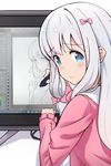  blue_eyes blush bow commentary_request eromanga_sensei hair_bow izumi_sagiri kela long_hair looking_at_viewer looking_back pajamas pink_bow recursion revision solo stylus tablet_pc white_hair 