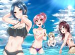  :&gt; :3 :d :o antenna_hair arms_up bangs bikini bikini_skirt black_bikini blonde_hair blue_bikini blue_eyes blue_hair blue_sky blush bracelet breasts brown_bikini brown_eyes brown_hair closed_mouth cloud cloudy_sky commentary_request covering covering_breasts d: day eyebrows_visible_through_hair hair_between_eyes half-closed_eyes halter_top halterneck hand_in_hair hayami_kanade highres ichinose_shiki idolmaster idolmaster_cinderella_girls index_finger_raised innertube jewelry jougasaki_mika large_breasts light_rays light_smile long_hair looking_at_another looking_at_viewer medium_breasts multi-strapped_bikini multiple_girls murabito_c navel nose_blush ocean open_mouth outdoors pink_hair ponytail purple_bikini shiomi_shuuko short_hair side-tie_bikini sky smile striped striped_bikini sunbeam sunlight swimsuit tears teeth topless wardrobe_malfunction yellow_eyes 