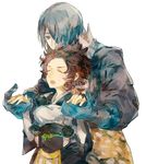  1girl =_= asama_(fire_emblem_if) blue_gloves closed_eyes commentary_request fire_emblem fire_emblem_if genderswap genderswap_(mtf) gloves hair_over_one_eye holding_hands hug hug_from_behind japanese_clothes looking_at_another pom_poms setsuna_(fire_emblem_if) shourou_kanna sweatdrop 