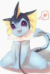  &lt;3 3_fingers :3 :d ambiguous_gender black_nose blue_skin blue_tail blush collar cute_fangs digital_media_(artwork) eeveelution fangs feral fin frill front_view kemono leash looking_at_viewer marine nintendo open_mouth paws pink_tongue pok&eacute;mon purple_eyes raised_tail shadow shiny simple_background sitting smile solo speech_bubble spread_legs spreading thick_tail tongue vaporeon video_games white_background ぬこちー 