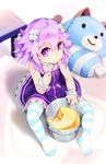  bucket choker d-pad d-pad_hair_ornament dogoo eating food food_on_face hair_ornament highres looking_at_viewer looking_up neptune_(choujigen_game_neptune) neptune_(series) pudding purple_eyes purple_hair revision segamark short_hair sitting solo spoon striped striped_legwear stuffed_toy thighhighs younger 