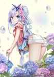  :&gt; ass bag bare_shoulders bent_over blouse blue_eyes blue_hair blush breasts character_request commentary_request dated flower hair_flower hair_ornament hairband long_hair looking_at_viewer medium_breasts off_shoulder pisuke ponytail shorts smile snail solo water watermark 