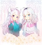  2girls blue_eyes bow cosplay costume_switch crossover dragon_girl dragon_horns eromanga_sensei hair_bow highres horns izumi_sagiri izumi_sagiri_(cosplay) jacket kanna_kamui kanna_kamui_(cosplay) kobayashi-san_chi_no_maidragon lavender_hair long_hair look-alike looking_at_viewer multiple_girls pink_bow purple_eyes revision sleeves_past_wrists tp_(kido_94) white_hair 