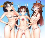  &gt;:) :&gt; :d adjusting_eyewear ahoge ass_visible_through_thighs bad_id bad_twitter_id bikini black_bikini black_hair breasts brown_eyes brown_hair collarbone commentary_request double_bun fundoshi glasses green-framed_eyewear hair_between_eyes hair_ribbon hairband hand_on_hip hands_on_hips japanese_clothes kantai_collection kanzaki_muyu kirishima_(kantai_collection) kongou_(kantai_collection) long_hair looking_at_viewer medium_breasts micro_bikini multiple_girls navel open_mouth purple_eyes ribbon semi-rimless_eyewear short_hair small_breasts smile swimsuit tone_(kantai_collection) twintails v-shaped_eyebrows white_ribbon 