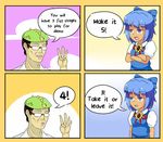  1girl 4koma absurdres blue_eyes blue_hair brown_hair cirno comic d: dress english flower glasses hidden_star_in_four_seasons highres left-to-right_manga neferkitty open_mouth parody spongebob_squarepants sunflower tan tanned_cirno touhou typo zun 