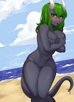  anthro beach blush breasts covering covering_breasts female hair iwbitu navel nude open_mouth outside pussy scalie seaside solo wide_hips 