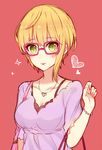  :3 blonde_hair blush bracelet breasts cleavage collarbone eyebrows_visible_through_hair glasses green_eyes heart idolmaster idolmaster_cinderella_girls jewelry kvlen large_breasts looking_at_viewer miyamoto_frederica necklace open_mouth red_background short_hair smile solo sparkle 