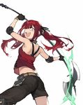  axe black_gloves black_pants crazy_eyes cz-75_(girls_frontline) duoyuanjun elbow_pads fighting_stance girls_frontline gloves highres holding holding_axe pants red_hair shin_getter_robo solo tank_top twintails weapon 