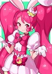  animal_ears blush bunny_ears cake_hair_ornament choker cowboy_shot cure_whip earrings extra_ears food food_themed_hair_ornament fruit gloves grin hair_ornament highres jewelry kirakira_precure_a_la_mode long_hair looking_at_viewer magical_girl neko_(user_szgu8527) open_mouth pink_eyes pink_hair precure shrug simple_background skirt smile solo strawberry twintails usami_ichika very_long_hair white_gloves 