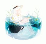  artist_name barefoot black_skirt blouse commentary hat leg_hug looking_to_the_side original partially_submerged short_sleeves signature simple_background skirt solo sun_hat tofuvi water_drop white_background white_blouse white_hair white_hat 
