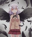  bafarin black_feathers black_wings cardigan commentary_request cross_hair_ornament fallen_angel gabriel_dropout hair_ornament head_tilt highres long_hair looking_at_viewer neck_ribbon orange_eyes pleated_skirt ribbon school_uniform shiraha_raphiel_ainsworth skirt smile solo twitter_username white_hair wings 