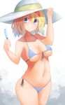  absurdres alice_margatroid arm_up bad_id bad_pixiv_id bangs bikini blonde_hair blue_bikini blue_eyes blush breasts breasts_apart closed_mouth collarbone commentary_request food front-tie_bikini front-tie_top hair_between_eyes hairband hand_on_headwear hat highres holding holding_food looking_at_viewer medium_breasts navel popsicle red_hairband short_hair side-tie_bikini simple_background skindentation smile solo stomach string_bikini sun_hat swimsuit tareme touhou underboob white_background white_hat yusake_san 