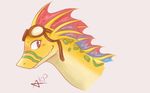  adine_(awsw) artist_signature blush bust_(disambiguation) dragon eyewear fangs female goggles green_scales kpsketches multicolored_scales scales scalie simple_background smile two_tone_scales white_background yellow_scales 