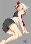  artist_name ass barefoot blush bow dated eyebrows_visible_through_hair hair_bow kavka kneeling looking_at_viewer orange_eyes orange_hair original red_bow short_hair shorts silver_hair solo 