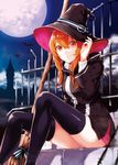  angela_(arisaka_ako) arisaka_ako bangs bat black_legwear broom fence full_moon hair_between_eyes hand_up hat highres long_hair long_sleeves looking_at_viewer moon night orange_eyes orange_hair original outdoors parted_lips sitting solo thighhighs thighs witch witch_hat 