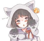  animal_ears animal_hood bangs bell blush bravely_default:_fairy&#039;s_effect bravely_default:_fairy's_effect bravely_default_(series) breasts cat_ears cat_hood character_request commentary_request head_tilt highres hood jingle_bell kotonoshi long_sleeves looking_at_viewer medium_breasts paw_pose simple_background sketch solo translation_request triangle_mouth upper_body white_background 