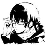  adjusting_eyewear arisaka_ako closed_mouth coat expressionless glasses greyscale looking_at_viewer male_focus monochrome original simple_background solo sweater turtleneck turtleneck_sweater twitter_username upper_body 
