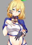 alzano_school_uniform armband asya bangs blonde_hair blue_eyes blush bow breasts cape capelet commentary_request detached_collar eyebrows_visible_through_hair gloves grey_background hair_bow hand_on_own_chest hand_on_own_stomach highres medium_breasts midriff navel rokudenashi_majutsu_koushi_to_akashic_record rumia_tingel school_uniform short_hair simple_background single_glove solo upper_body wristband 