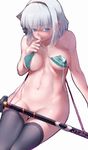  absurdres aqua_eyes areola_slip areolae bangs black_legwear blunt_bangs bottomless breasts cleavage hairband highres katana konpaku_youmu looking_at_viewer medium_breasts navel sitting solo sword thighhighs touhou weapon white_hair xuanlin_jingshuang 