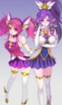  armlet ascot bangs bare_shoulders blue_eyes blurry_vision bow bowtie breast_hold breasts choker drill_hair elbow_gloves finger_to_mouth gloves grey_background headband highres janna_windforce large_breasts league_of_legends leaning_forward looking_at_viewer luxanna_crownguard magical_girl medium_breasts miniskirt multiple_girls parted_bangs pd_(pdpdlv1) pink_eyes pink_hair pleated_skirt pointy_ears purple_bow purple_choker purple_hair purple_neckwear purple_skirt sailor_collar sidelocks simple_background skirt sleeveless standing star star_guardian_janna star_guardian_lux swept_bangs thighhighs twin_drills twintails white_gloves white_legwear zettai_ryouiki 