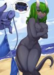 anthro beach blush breasts covering covering_breasts disembodied_hand duo female hair iwbitu male navel nude open_mouth outside pussy scalie seaside wide_hips 