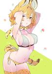  alternate_breast_size alternate_costume animal_ears animal_print arched_back armpits arms_behind_head arms_up bad_id bad_pixiv_id bare_arms bare_shoulders bikini blonde_hair bow bowtie breasts cleavage collarbone contrapposto cowboy_shot elbow_gloves gloves grey_bikini_top hair_between_eyes kemono_friends large_breasts leaning_forward leopard_print light_brown_eyes looking_at_viewer mismatched_bikini open_mouth print_bikini serval_(kemono_friends) serval_ears serval_print serval_tail short_hair side-tie_bikini sideboob sketch solo standing striped_tail swimsuit tail tajima_ryuushi thighhighs thighs yellow_bikini_bottom yellow_legwear 