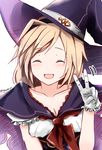  blonde_hair closed_eyes collarbone djeeta_(granblue_fantasy) frilled_gloves frills gloves granblue_fantasy hairband hat highres neckerchief red_ribbon ribbon short_hair simple_background smile takanashi_ryo twitter_username v warlock_(granblue_fantasy) wizard_hat 