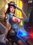  breasts d.va gun liang_xing nipples no_bra open_shirt overwatch police_uniform tattoo thighhighs wet 