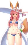  :d animal_ears arm_at_side bad_id bad_pixiv_id bangs bare_shoulders bikini blue_bikini blush bow bracelet breasts cleavage collarbone cowboy_shot ears_through_headwear fangs fate/extra fate_(series) fox_ears fox_tail hair_tie hand_on_hip hat hat_bow highres jewelry long_hair looking_afar low-tied_long_hair medium_breasts narynn navel necklace open_mouth pendant side-tie_bikini simple_background smile solo standing stomach string_bikini striped striped_bow sun_hat swimsuit tail tamamo_(fate)_(all) tamamo_no_mae_(fate) tamamo_no_mae_(swimsuit_lancer)_(fate) towel tsurime white_background white_hat wide_hips 