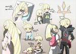  2girls alternate_costume alternate_hairstyle baby backpack bag blonde_hair blush cleffa commentary_request gen_2_pokemon gladio_(pokemon) green_eyes highres hood hoodie kuroi_paseri lillie_(pokemon) long_hair lusamine_(pokemon) mother_and_daughter mother_and_son multiple_girls pokemon pokemon_(creature) pokemon_(game) pokemon_sm ponytail pregnant short_hair smile stuffed_toy torn_clothes translation_request vest younger 