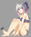  animal_ears barefoot bikini blush bow breasts cat_ears cat_tail cleavage dated eyebrows_visible_through_hair grey_hair hair_bow kavka large_breasts long_hair looking_at_viewer multicolored_hair original pink_hair ponytail purple_bow sitting solo swimsuit tail 