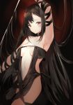  1girl absurdres arm_ribbon arm_up armpits bangs bare_shoulders black_dress black_hair black_ribbon blush breasts closed_mouth collarbone commentary_request consort_yu_(fate) consort_yu_(fate/grand_order) dress eyebrows_visible_through_hair fate/grand_order fate_(series) hair_between_eyes head_tilt highres long_hair medium_breasts navel no_bra nopan red_eyes revealing_clothes revision ribbon ribbon-trimmed_dress ribbon_trim silver_(chenwen) solo strapless strapless_dress very_long_hair 