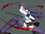  armor blood breasts busujima_saeko highschool_of_the_dead katana lace lace-trimmed_thighhighs large_breasts legs long_hair long_legs panties pantyshot purple_hair ready_to_draw school_uniform solo sword thighhighs thighs toki_(tokihakashi) underwear weapon 