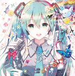  :d beamed_eighth_notes bird blue_hair blue_neckwear bow detached_sleeves eighth_note eighth_rest eyebrows_visible_through_hair flower green_eyes grey_shirt hair_bow hair_flower hair_ornament hatsune_miku headphones holding holding_microphone long_hair microphone musical_note necktie open_mouth petals rednian sharp_sign shirt sixteenth_note sleeveless sleeveless_shirt smile solo treble_clef twintails upper_body very_long_hair vocaloid white_flower whole_note yellow_flower 