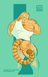  2016 anthro blue_eyes blush bottomless butt clothed clothing eyewear feline glasses hybrid hyper hyper_muscles liger lion mainlion male mammal markings muscular muscular_male partially_clothed shirt simple_background solo tank_top thick_thighs tiger 