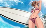  armpits ass_visible_through_thighs bikini bikini_tan bracelet braid breasts breasts_apart brown_hair cloud day front-tie_top green_eyes hand_on_own_head happoubi_jin highres hip_bones jewelry kuouzumiaiginsusutakeizumonokamimeichoujin_mika large_breasts looking_at_viewer navel resizing_artifacts resort_boin self_upload skindentation sky smile solo surfboard swimsuit tan tanline third-party_edit twin_braids 