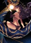  ass bare_shoulders black_hair crown earrings fate/grand_order fate_(series) hair_ribbon highres hoop_earrings ishtar_(fate/grand_order) jewelry karlwolf long_hair long_legs looking_at_viewer looking_back red_eyes ribbon single_thighhigh sitting solo space thighhighs twintails 