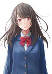  arms_at_sides bow brown_eyes brown_hair commentary highres long_hair looking_at_viewer mizuno_akane open_mouth red_bow redpoke school_uniform solo standing tsuki_ga_kirei upper_body 