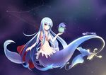  absurdly_long_hair absurdres blue_eyes blue_hair breasts breasts_outside constellation dated fish flower frills hair_flower hair_ornament hairband highres holding khorosho light long_hair low-tied_long_hair medium_breasts mermaid monster_girl name_tag navel outstretched_hand shirayuki_(zhan_jian_shao_nyu) sky smile solo star_(sky) staring starry_sky translucent very_long_hair zhan_jian_shao_nyu 
