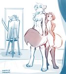  2017 anthro aroused basitin blush breasts butt canine casual_nudity chest_tuft convenient_censorship creating_art digitigrade door duo_focus easel featureless_breasts female fluffy fluffy_tail fox gloves_(marking) group half-closed_eyes hat keidran keith_keiser larger_female laura_(twokinds) looking_back male mammal markings monochrome natani nude nude_modelling pose side_boob simple_background size_difference sketch smaller_female smaller_male smile socks_(marking) tail_censorship tom_fischbach tuft twokinds webcomic white_background wolf 