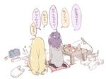  alarm_clock bafarin bag blonde_hair bottle clock commentary_request cup_ramen cushion eighth_note facing_away from_behind gabriel_dropout indian_style indoors long_hair messy_room multiple_girls musical_note no_shoes pencil_case plastic_bag playing_games purple_hair school_bag sitting table tenma_gabriel_white tissue_box translated trash_bag tsukinose_vignette_april very_long_hair wariza water_bottle 