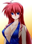  alternate_costume alternate_hairstyle bare_shoulders blue_eyes blush breasts cleavage commentary_request dress engo_(aquawatery) hair_down large_breasts long_hair lyrical_nanoha pink_hair signum smile solo very_long_hair 