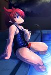  anthro blue_eyes canine censored clothed clothing crossdressing detailed_background erection hair looking_at_viewer male mammal night one-piece_swimsuit penis presenting red_hair sky solo star starry_sky swimsuit urekemo water wet 