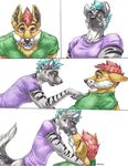  canine clothing comic dingo facade female hair hyena kissing looking_down_at_viewer looking_up_at_viewer male mammal mohawk red_hair series sinistervibe striped_hyena stripes traditional_media_(artwork) turquoise_hair 