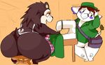  2017 animal_crossing anthro anthrofied apron big_butt bottomless breaking breasts butt clothed clothing duo elephant fan_character female hair half-closed_eyes hat hedgehog huge_butt male mammal nintendo overweight overweight_female rear_view sable_able shamelesss side_boob simple_background sitting smile stool thick_thighs video_games 