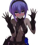  bangs bare_shoulders belt black_gloves black_hairband blush breasts center_opening cleavage closed_mouth dark_skin elbow_gloves eyebrows_visible_through_hair fate/prototype fate/prototype:_fragments_of_blue_and_silver fate_(series) fingerless_gloves gloves hair_between_eyes hairband hassan_of_serenity_(fate) highres looking_at_viewer medium_breasts navel nose_blush purple_eyes purple_hair shimejinameko short_hair sidelocks simple_background smile solo spread_fingers stomach tsurime upper_body waist_cape white_background 