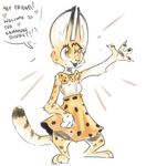  &lt;3 anthro barefoot bow_tie clothed clothing crossover cute dialogue disney english_text feline female fur happy kemono_friends mammal nobby_(artist) serval serval_(kemono_friends) skirt smile solo spots spotted_fur text wave zootopia 