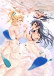 air_bubble ayase_eli blonde_hair blue_eyes blue_hair blush bubble commentary_request dress highres long_hair love_live! love_live!_school_idol_project multiple_girls open_mouth petals smile sonoda_umi submerged suito underwater white_dress yellow_eyes yuri 