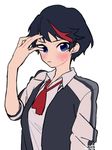  alternate_hair_length alternate_hairstyle black_hair blue_eyes blush commentary_request hand_to_forehead highres kill_la_kill looking_at_viewer matoi_ryuuko mittsun multicolored_hair red_hair short_hair simple_background solo streaked_hair sweatdrop two-tone_hair 